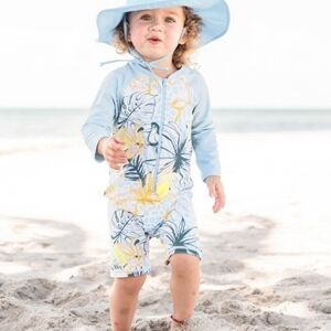 RuggedButts One Piece Blue Yellow Tropical Print Rashguard Bodysuit Sz 6-12month